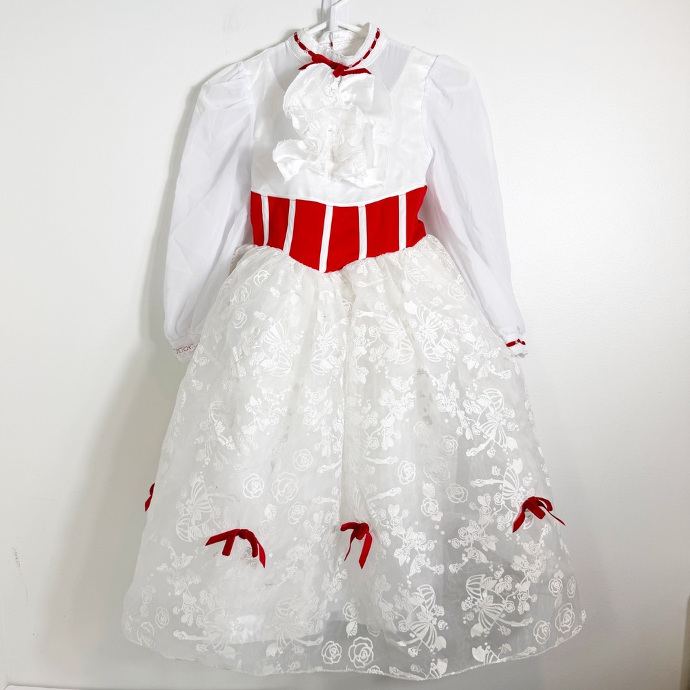 Disney Store Mary Poppins Costume Dress Girls 7/8 White Red Holiday Ruffles